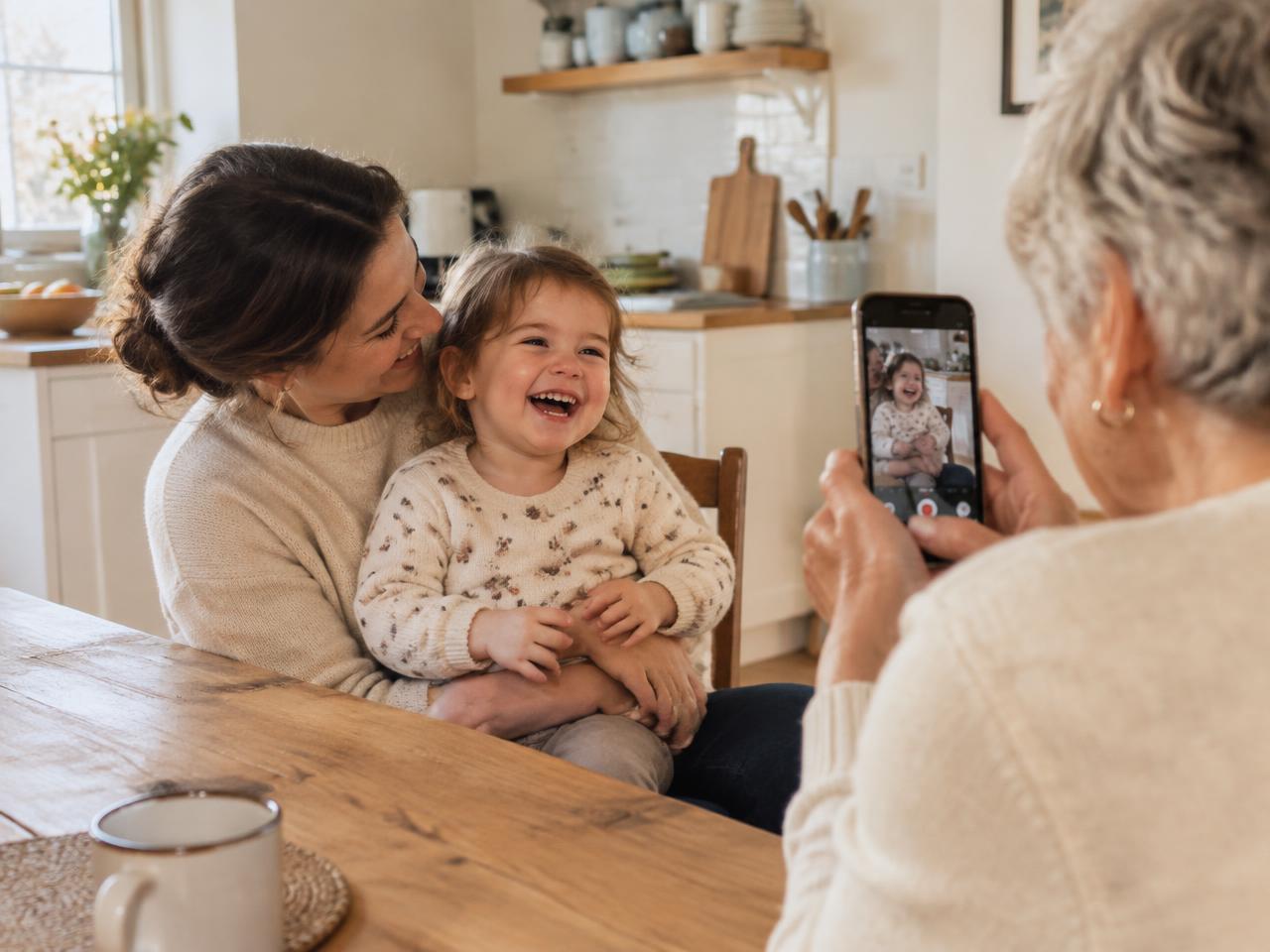 A grandmother recording a laughing toddler on a parent's lap