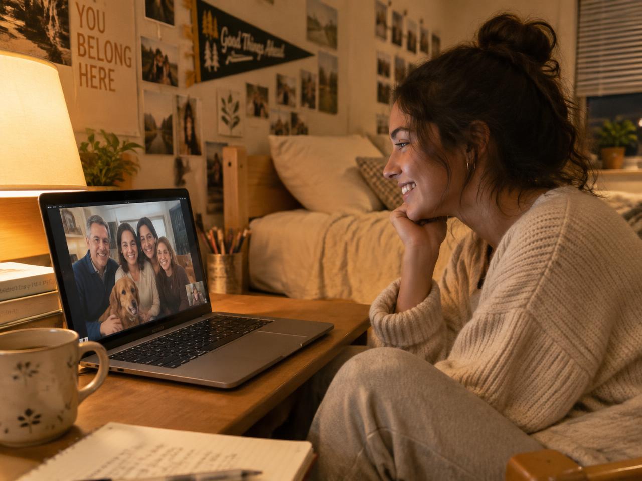 A college student smiling at a video call from her family