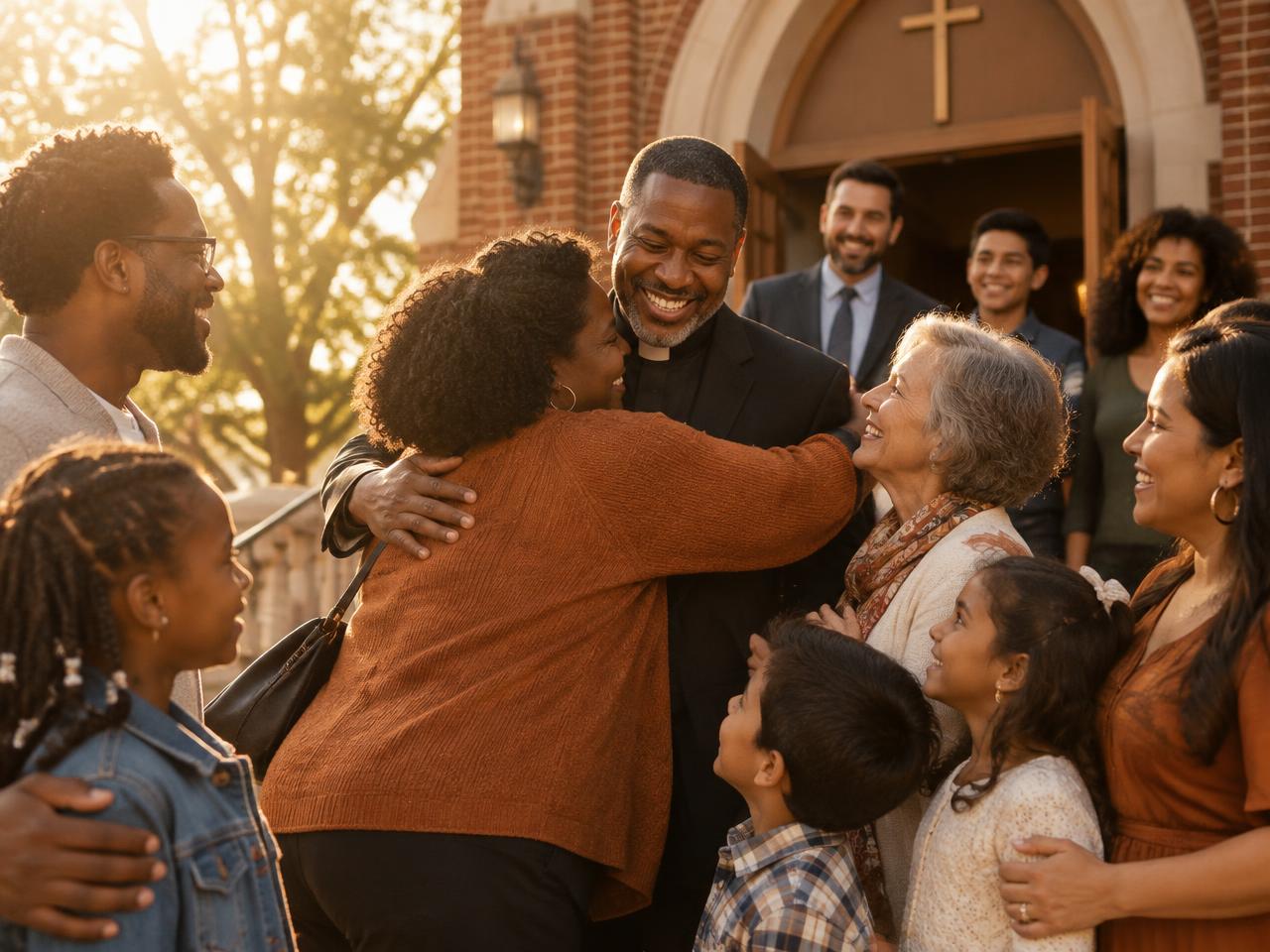 Church families hugging and thanking their pastor on the church steps