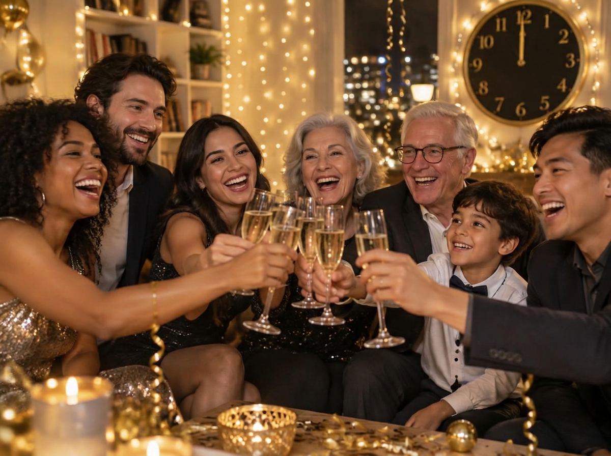 Friends and family raising champagne glasses at midnight on New Year's Eve