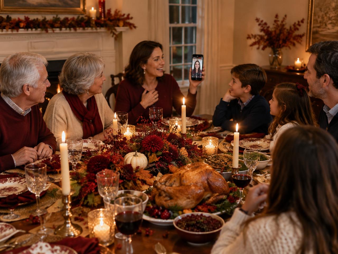 A family gathered around a candlelit Thanksgiving table
